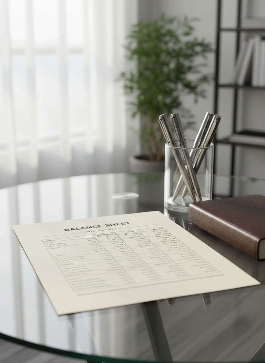 An intricately detailed balance sheet printed on crisp, high-quality ivory paper, lying perfectly aligned on a smooth glass tabletop with a faint reflection visible beneath. A transparent acrylic pen holder with stainless steel pens and a leather-bound ledger are set at precise right angles, complementing the professional workspace. Natural daylight pours in from a large window, producing soft, even illumination with subtle highlights and minimal shadowing, enhancing the sense of transparency and openness. Framed using the rule of thirds and a shallow depth of field that subtly blurs the background, the image maintains focus on orderliness and professionalism. The mood is composed and confident, conveying trust. Photographic realism and a minimalist style support the site's commitment to clarity in tax matters.