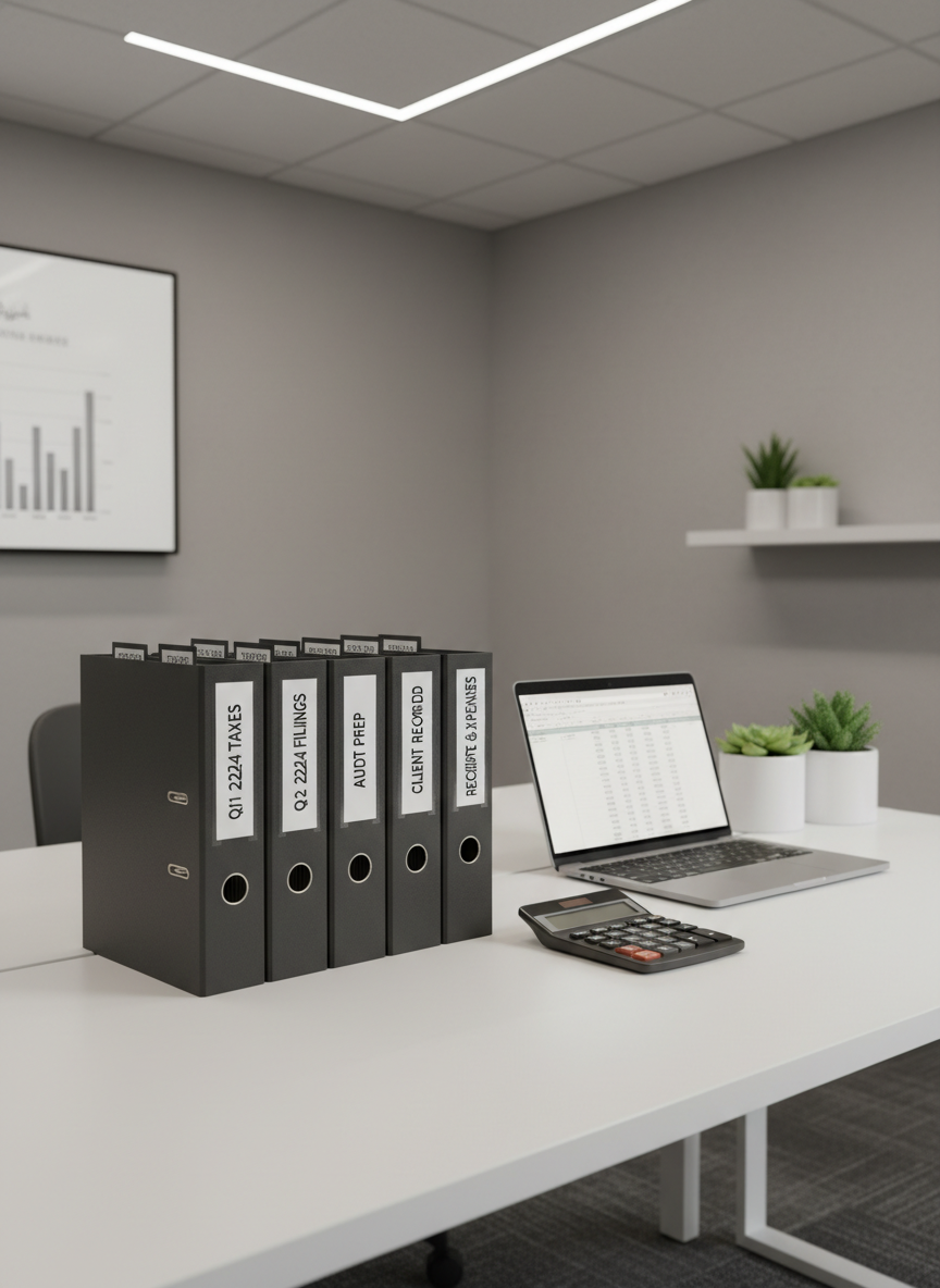 A neatly stacked array of charcoal-black file folders with precision-cut labels, arranged on a minimalist matte white desk with clean, uncluttered lines. A brushed steel calculator and a slim, silver laptop sit nearby, their metallic finishes catching the soft overhead LED office lighting, creating gentle highlights and defined shadows. The environment is a contemporary business workspace with neutral gray walls and orderly organization, suggesting clarity and professionalism. Captured from a slightly elevated, wide-angle perspective with sharp focus throughout, the composition emphasizes balance and structure. The mood is calm, methodical, and trustworthy, reinforcing the values of accuracy and integrity in tax preparation. The visual style adheres to photographic realism with a clean, corporate aesthetic, ensuring universal appeal for a professional tax services website.