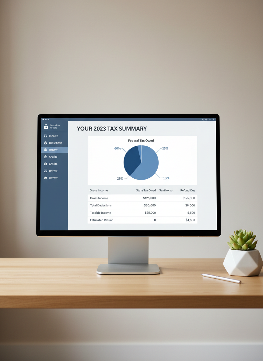 A modern desktop monitor displaying a detailed tax return interface with clean, blue-gray user interface elements, organized pie charts, and clear numerical data. The monitor is placed on an uncluttered, light oak desk accented with a minimalist geometric planter featuring a small succulent. The background is a soft, out-of-focus gradient wall in pale taupe, contributing to a tranquil work environment. Cool, diffused daylight streams across the scene, resulting in even, flattering lighting and gentle reflections on the screen. Captured at eye-level with centered composition and balanced layout, the image highlights precision and advanced technology. The artistic style is clean and photographic, designed to reflect the site's dedication to accuracy and transparency in tax solutions.